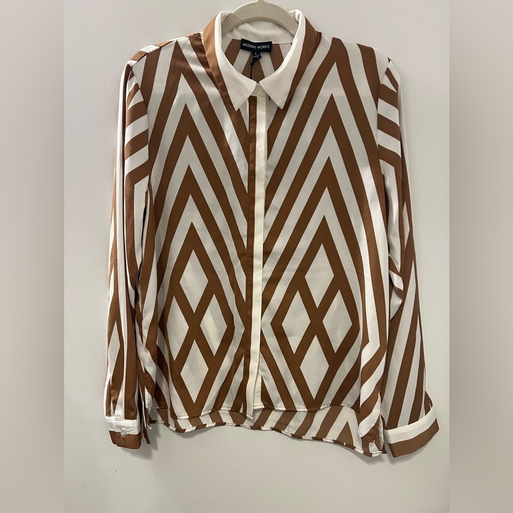 Modern Works Brown and White Print Contemporary Button Down